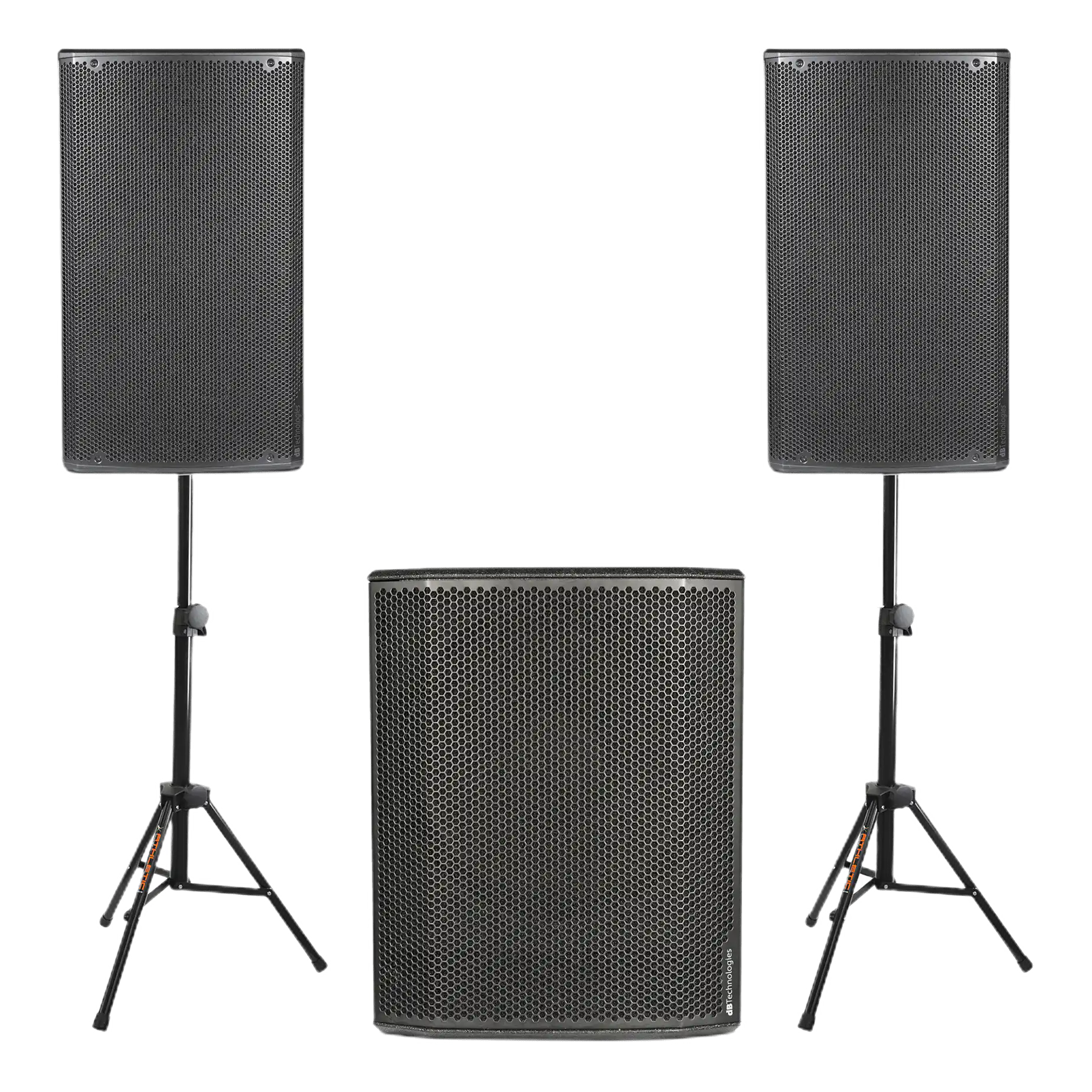 dBTechnologies system — two Opera 15 speakers on stands with a Sub 618 subwoofer