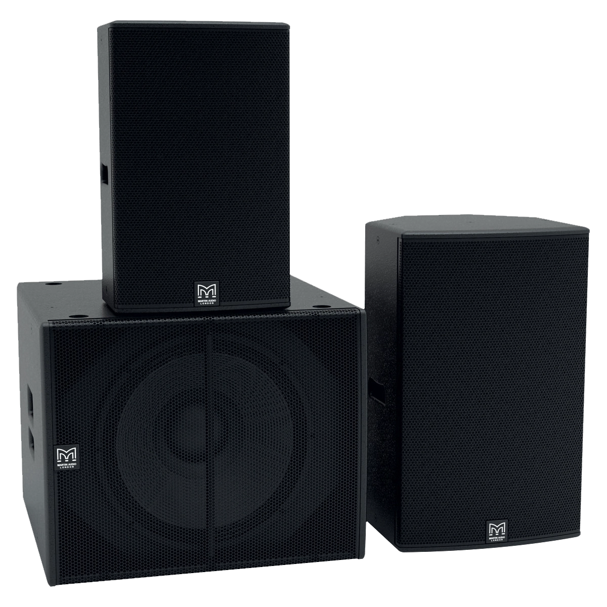 Martin Audio system — two XP15 speakers with an XP118 subwoofer