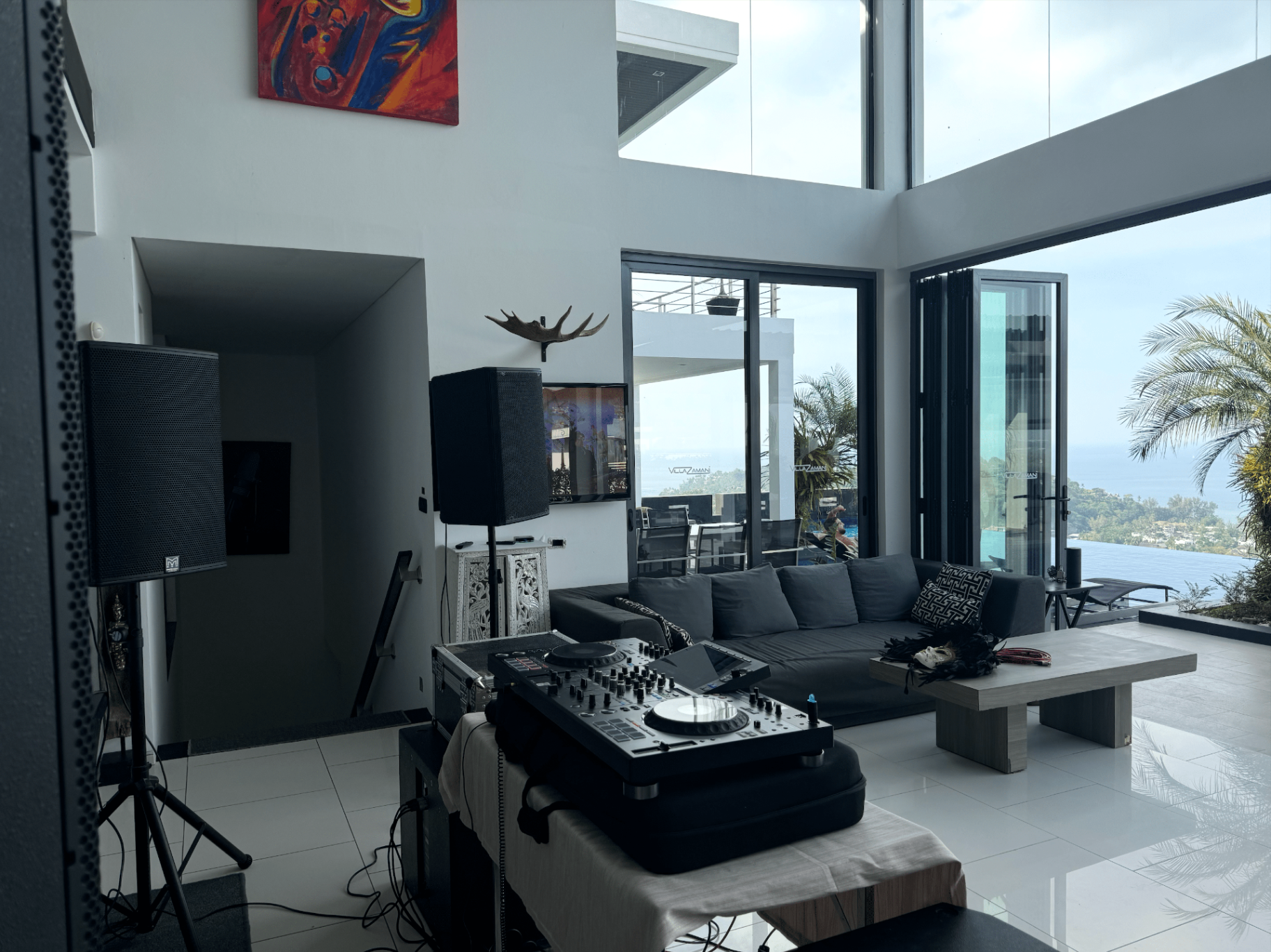 Villa setup with Martin Audio speakers, DJ controller and ocean view in Phuket